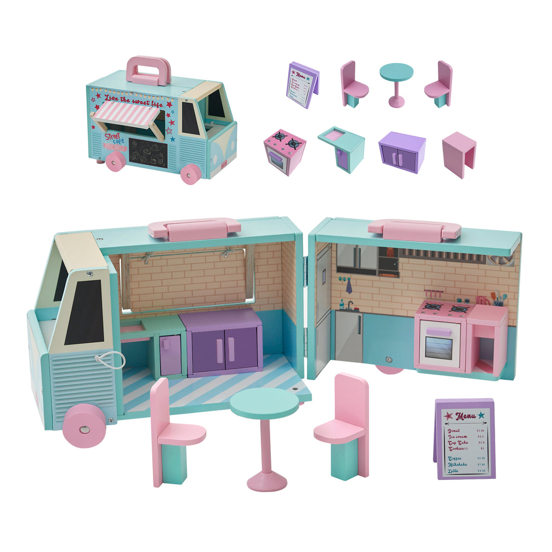 A blue and pink food truck for dolls with a pink and white awning with accessories: a purple sandwich board, two pink chairs and a blue table, a pink stove, a blue sink, a purple cooler, and a pink counter.