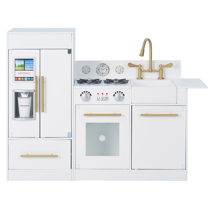 Teamson Kids Little Chef Charlotte Modern Play Kitchen, White/Gold with interactive features for children.