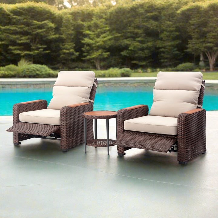 Wicker Frame & Wood Armrests Recliner Set in Warm Brown Outdoor Seating