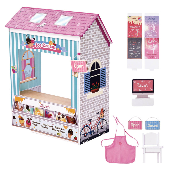 A 4-in-1 18" doll playset with the Ice Cream shoppe facade with an open sign, menu, and sandwich board.