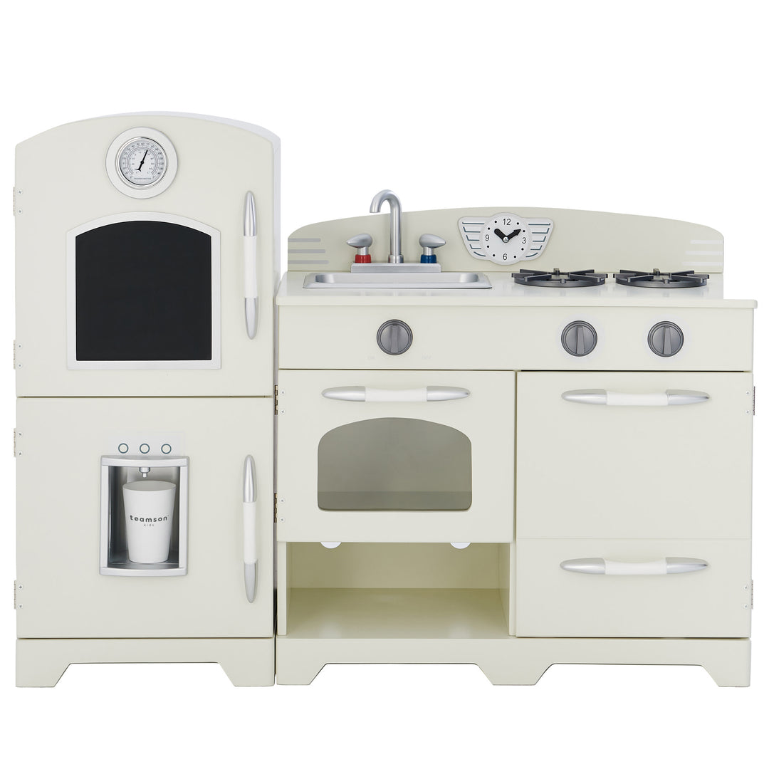 A child's Teamson Kids Little Chef Fairfield Retro Kids Kitchen Playset with Refrigerator, Ivory in a neutral color with a stove, sink, oven, and refrigerator, featuring easy-to-clean MDF and interactive features.