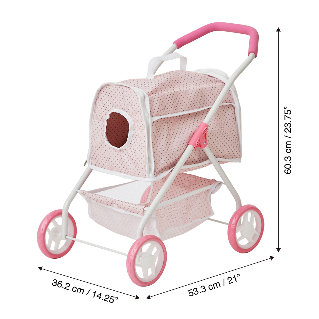 Dimensions in inches and centimeters of an An enclosed 2-in-1 pet stroller with a detachable carrier in pink with gray polka dots.
