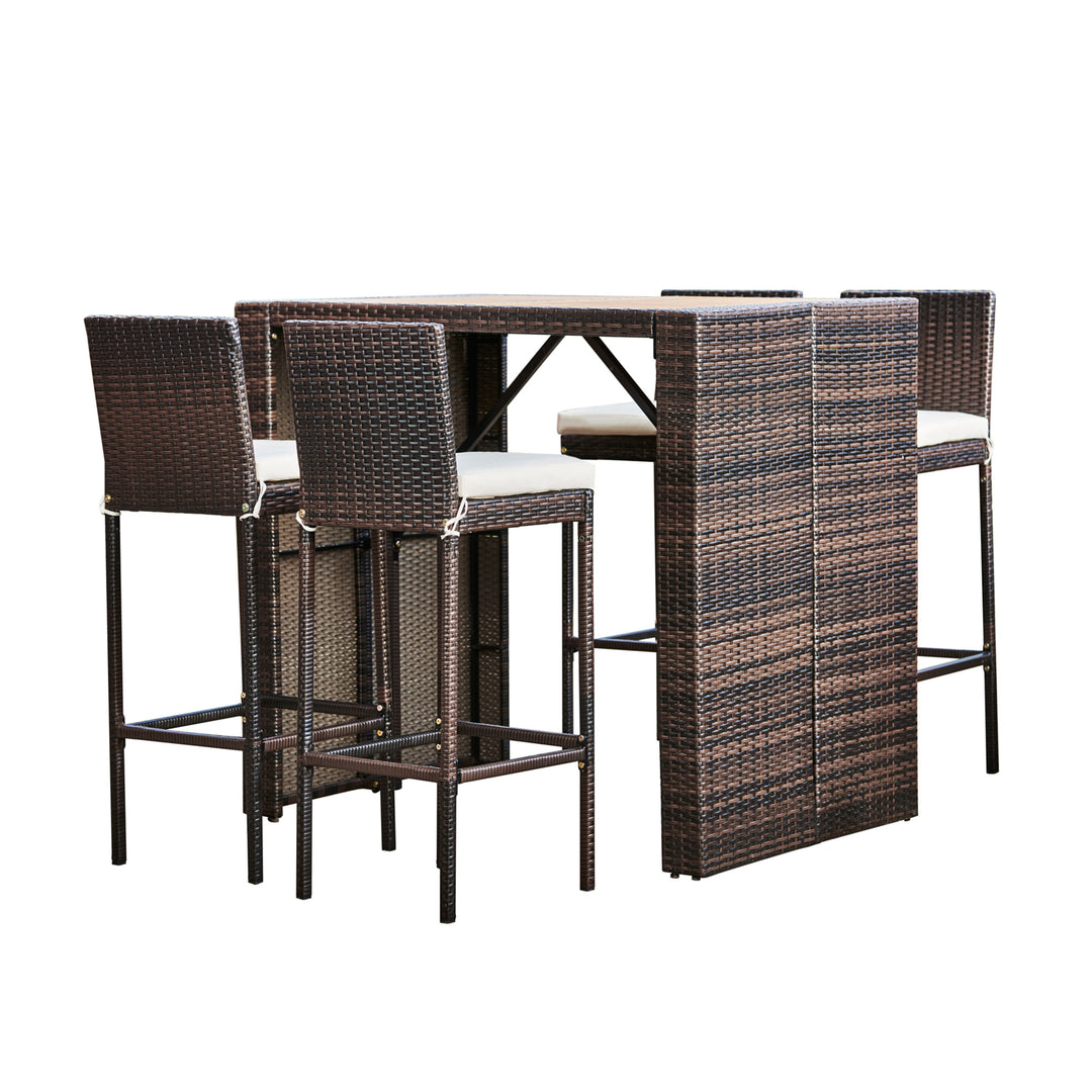 Teamson Home Outdoor Brown PE Rattan & Acacia 5-Piece High Top Table & Stools with White Cushions