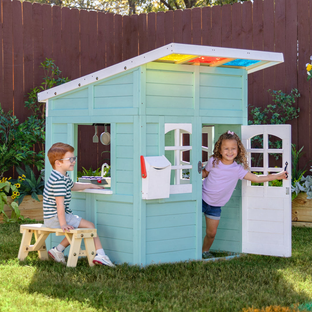 Teamson Kids Rainbow Shade Wooden Playhouse with Kitchen and Bench, Mint