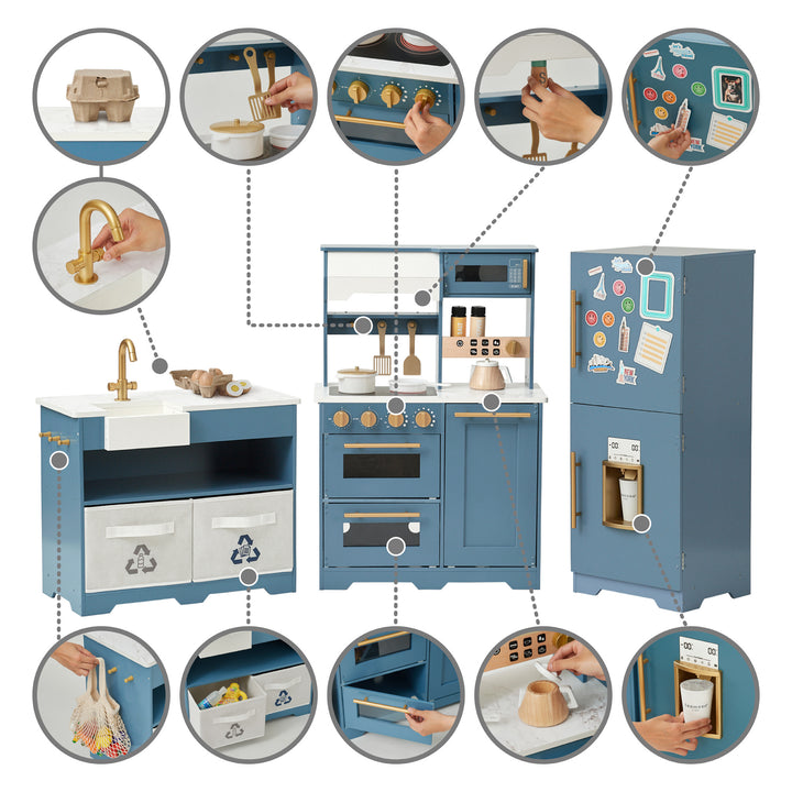 A TEAMSON KIDS - LITTLE CHEF ATLANTA LARGE MODULAR PLAY KITCHEN, STONE BLUE/GOLD with many different parts.