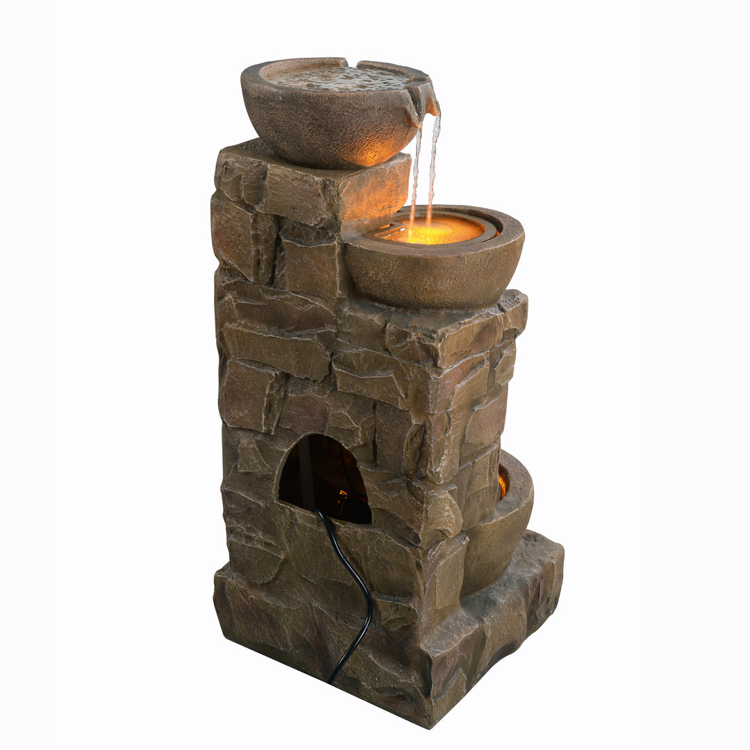 A view of the back and from the side of the 33.27" Cascading Bowls & Stacked Stones LED Outdoor Fountain, Brown