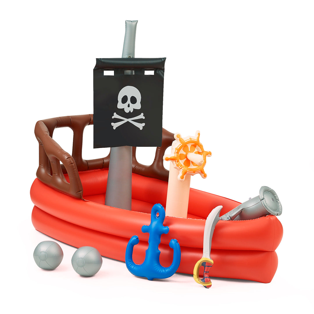 Inflatable pirate boat pool toy with sword, anchor, and cannonballs.