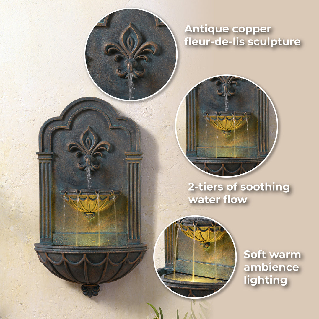 Fleur-de-lis Outdoor Water Fountain with Warm Glow Lighting