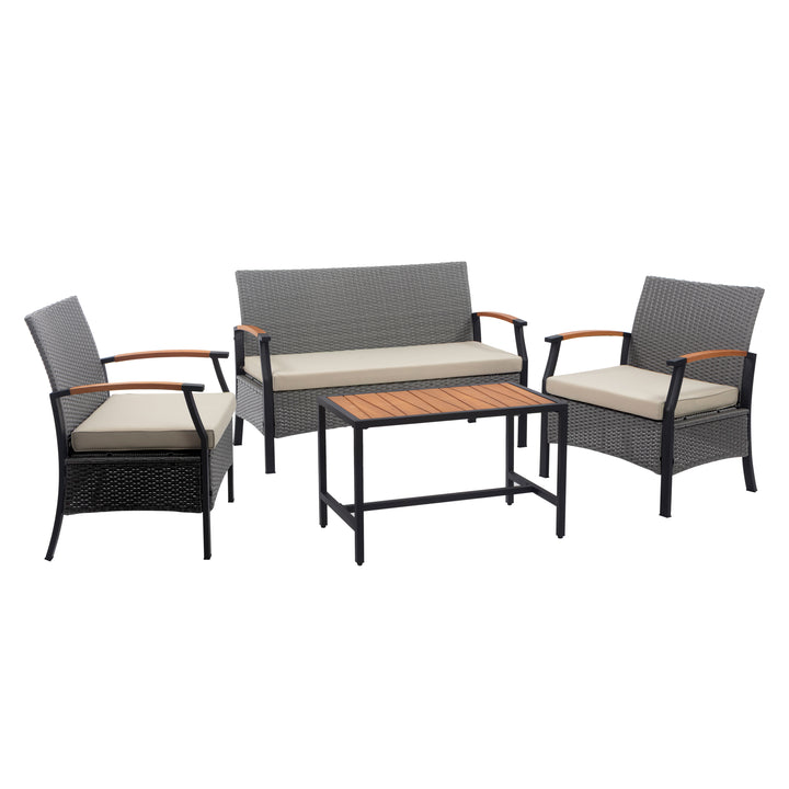 Wooden Armrests Outdoor Patio Furniture Conversation Set with Rattan Wicker Look