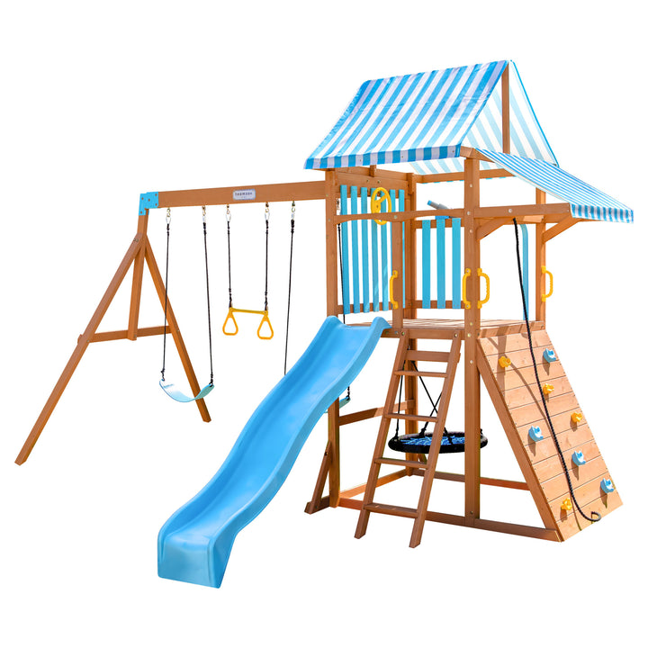 Teamson Kids Laguna Swing Playset with Platform & Rock Wall, Aqua & Natural