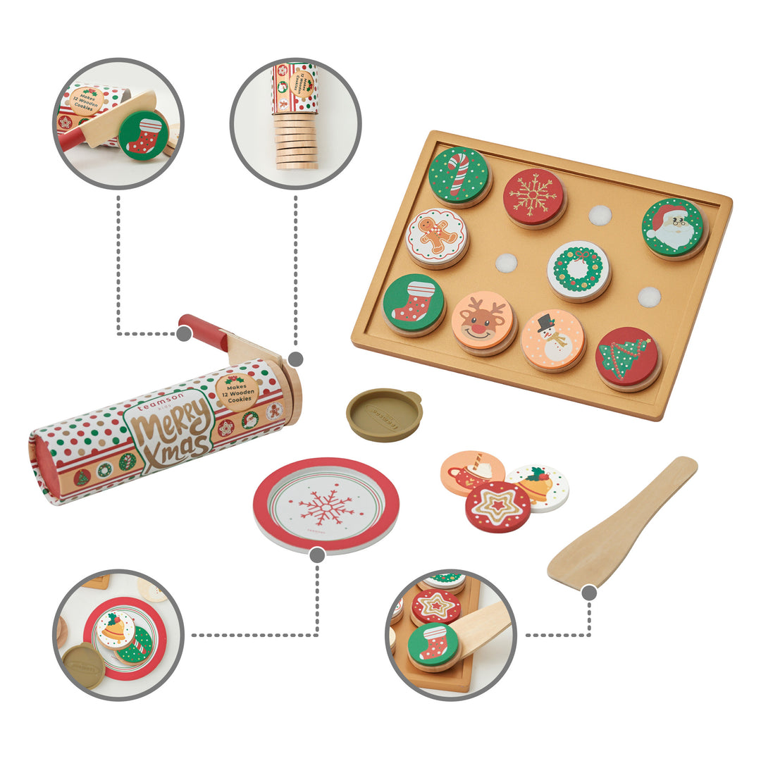 Wooden playset featuring TEAMSON KIDS - CUTTABLE CHRISTMAS COOKIE PLAY SET with a spatula, a baking sheet, and a cookie tube with a "merry xmas" label.