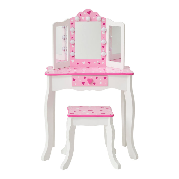 A FANTASY FIELDS - GISELE SWEETHEARTS PRINT vanity set with a mirror and stool.