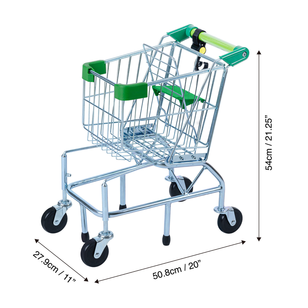 TEAMSON KIDS - LITTLE HELPER DALLAS SHOPPING CART WITH PLAY FOOD, CHROME/GREEN with dimensions labeled.
