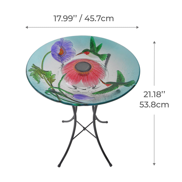 birdbath and stand shown with dimensions, 21 inches tall