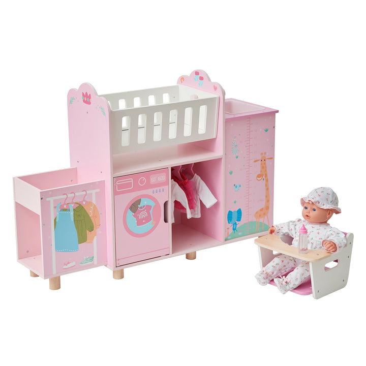 A baby doll nursery station in pink with detailed illustrations with a pink base, including a removable high chair.