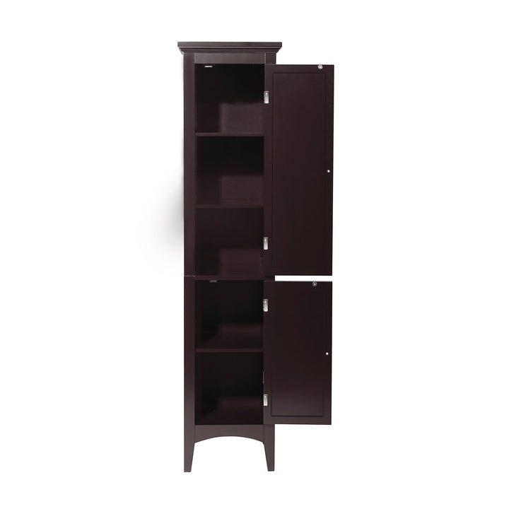 A Dark Brown Teamson Home Glancy Linen Cabinet with louvred doors with both doors open