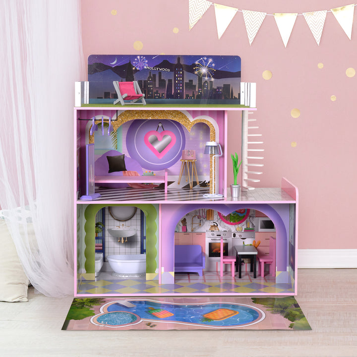 A two-story dollhouse with a spiral staircase that leads to a rooftop patio.