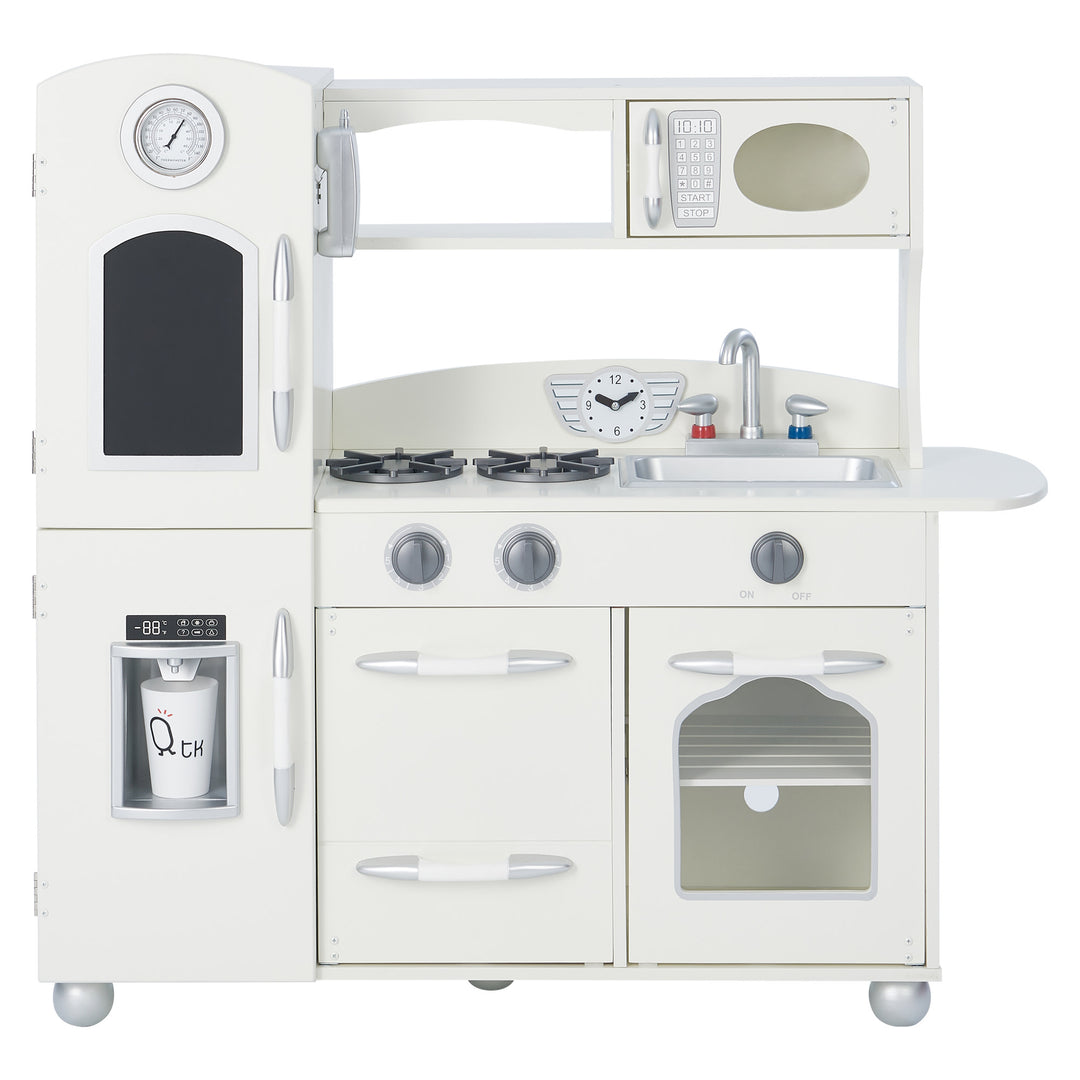 A Teamson Kids Little Chef Westchester Retro Kids Kitchen Playset, Ivory with stove, sink, oven, microwave features, and a toy telephone for children.