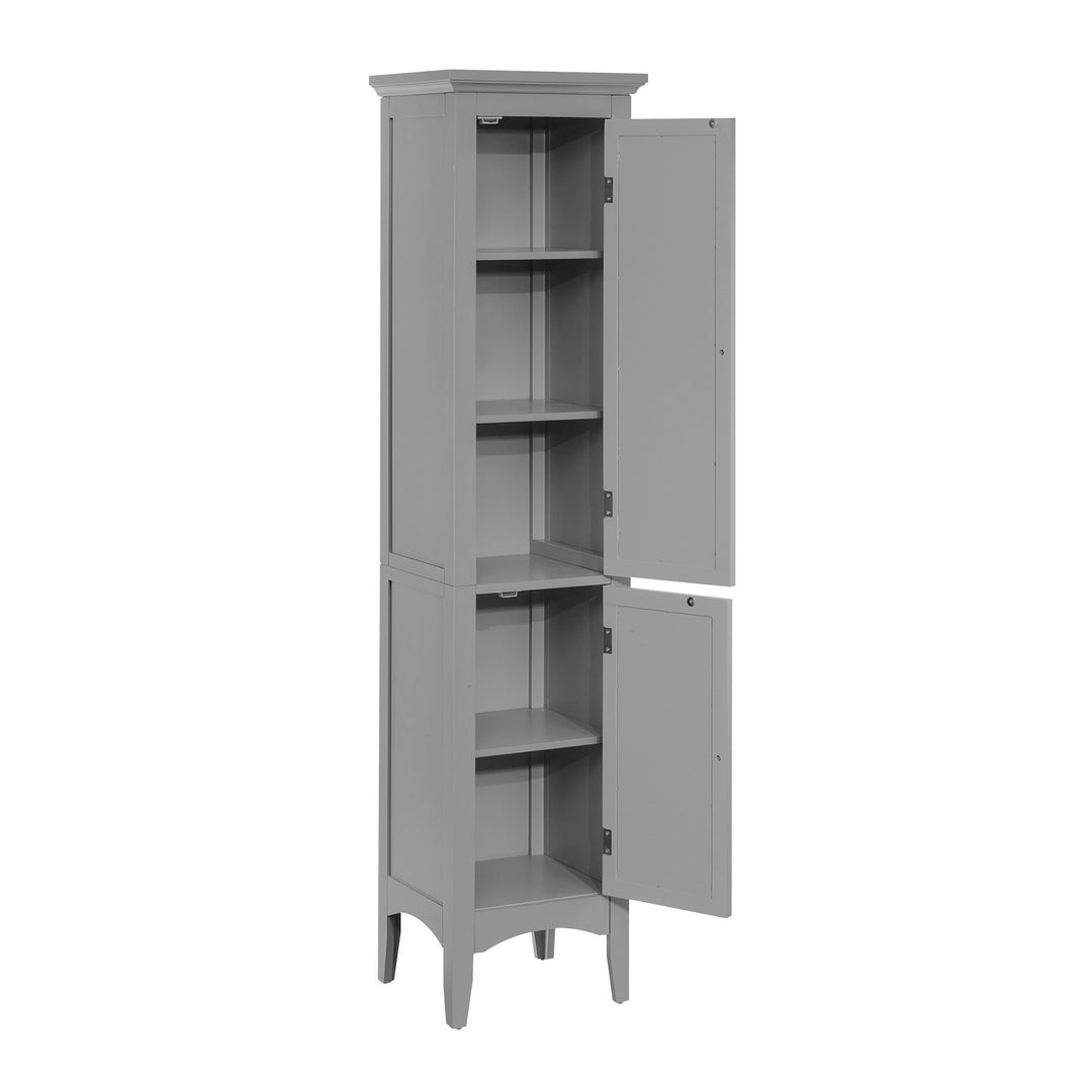A tall Teamson Home Glancy Wooden Linen Tower Cabinet with open shelves for organization.