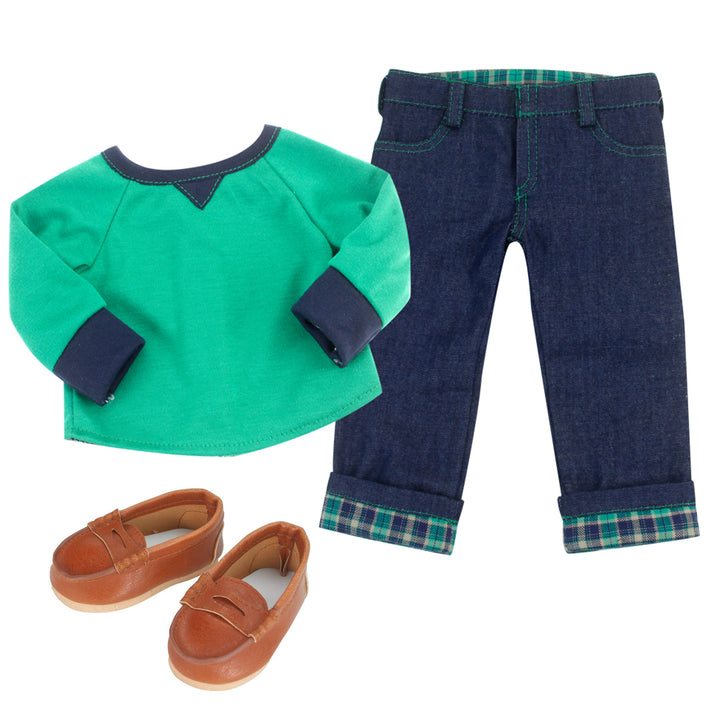 A green shirt, jeans, and brown penny loafters for 18" boy dolls.