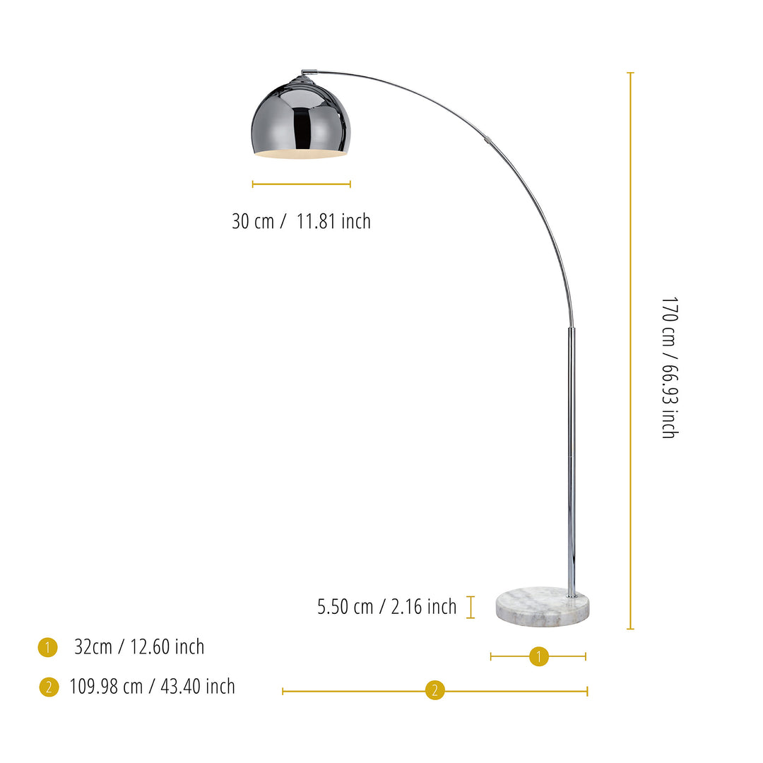 The measurements of a Teamson Home Arquer Arc 66" Metal Floor Lamp with Bell Shade, Chrome.