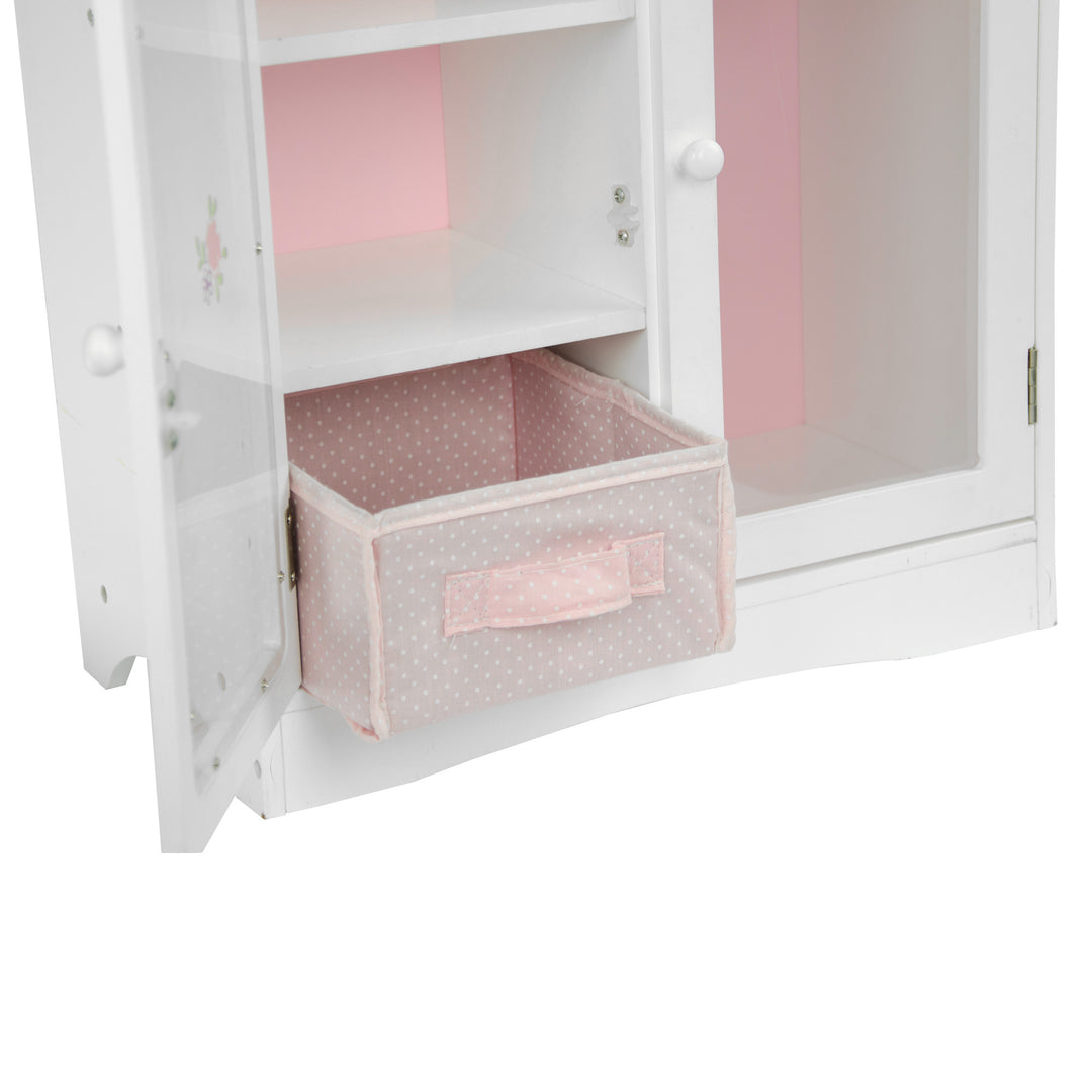 A white Olivia's Little World Little Princess Toy Closet with Hangers for 18" Dolls, Gray with a pink drawer.
