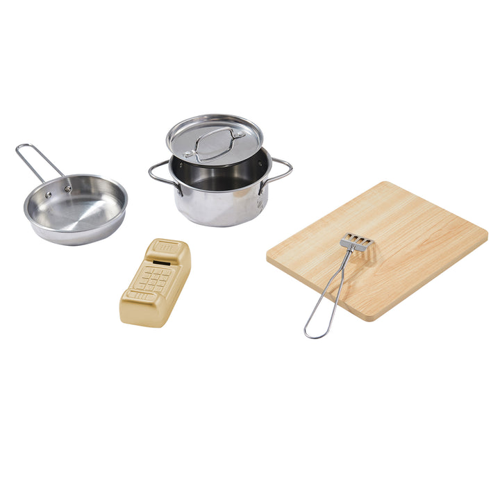Assorted cookware Accessories on a white background, including pot, a pan, a chopping board, a spatula, and a phone..