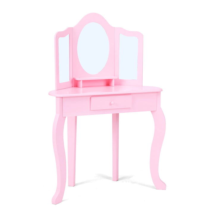 A pink vanity table and stool with a tri-fold mirror.