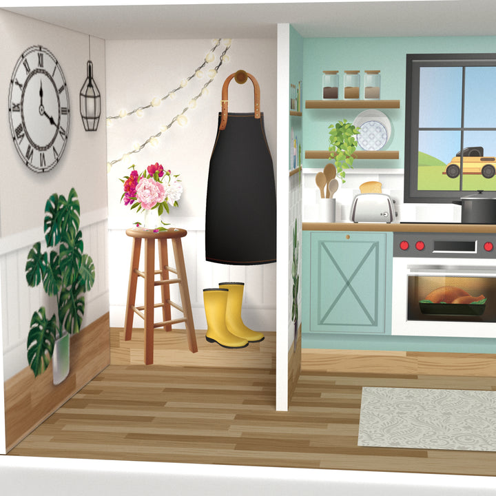 A close-up of a fully-illustrated mudroom with an apron, large clock, wellies, and a plant.