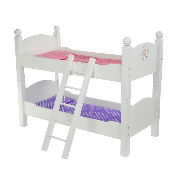 A Olivia's Little World Polka Dots Princess 18" Doll Bunk Bed, Gray with purple and pink bedding for 18" dolls.