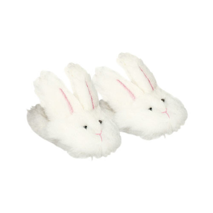 A pair of white fuzzy bunny slippers for 18" dolls