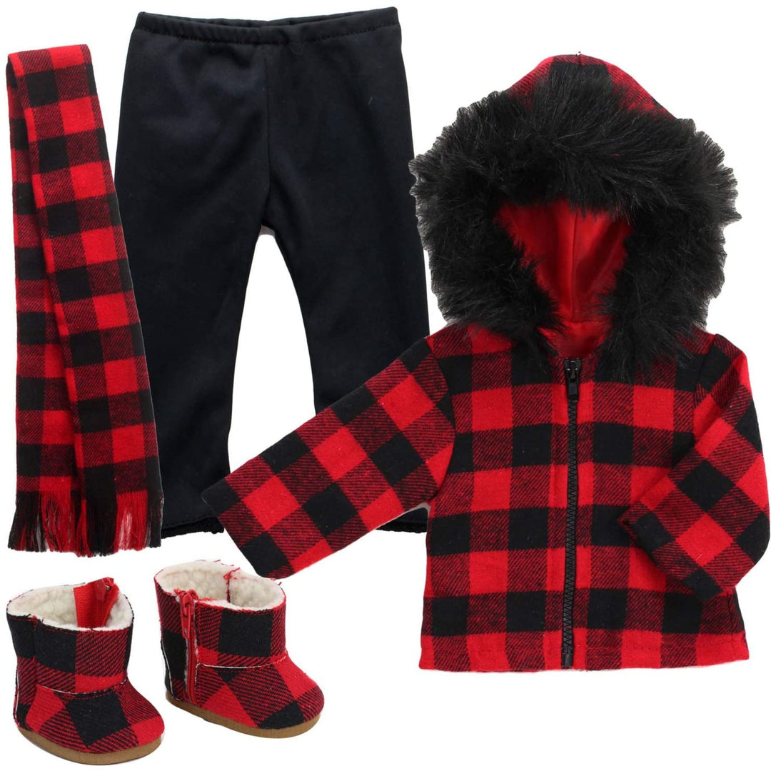 Sophia’s Gender-Neutral Mix & Match Buffalo Check faux fur-Trimmed Coat, Scarf, Leggings, & Boots Outfit Set for 18” Dolls, Black/Red