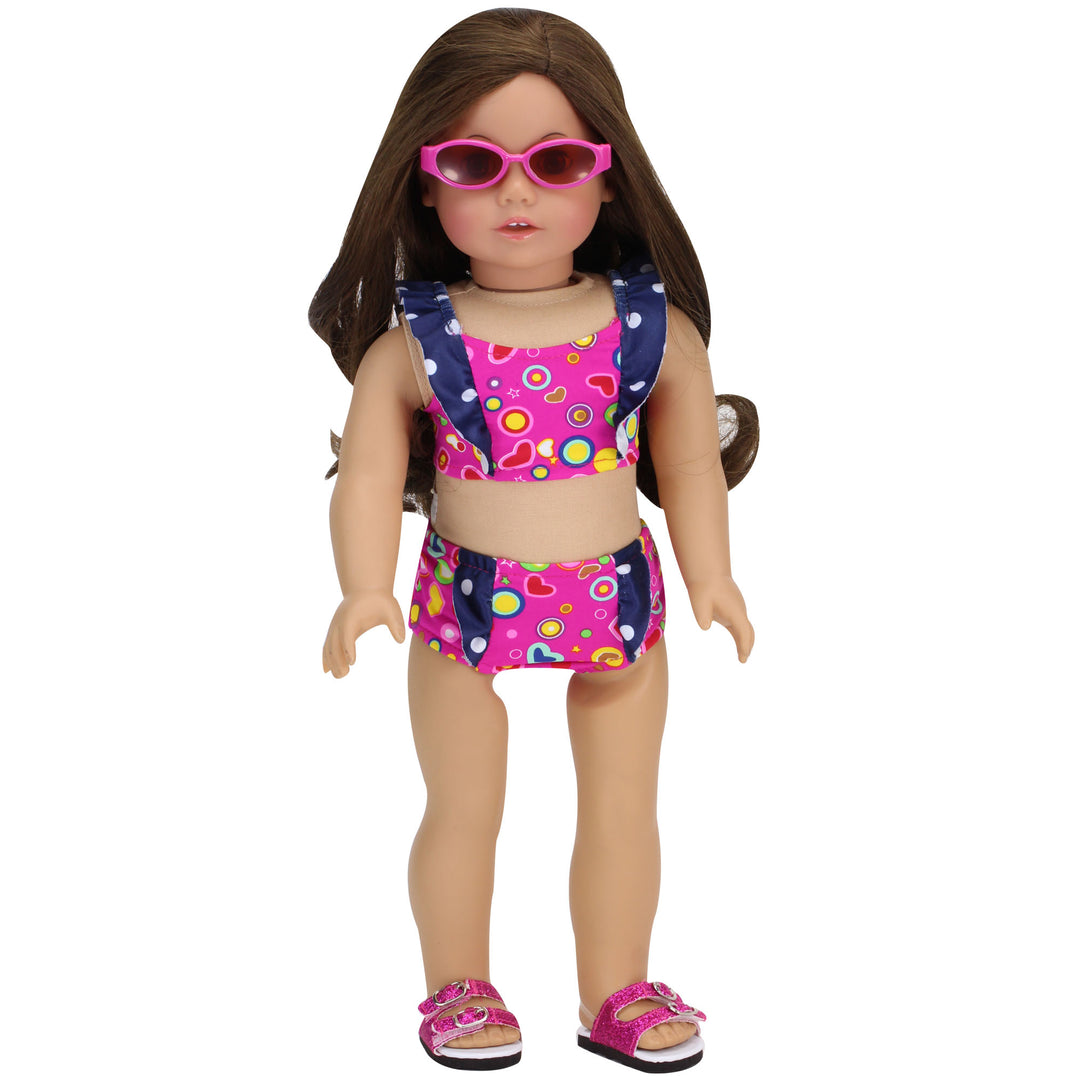 Sophia's 2-Piece Hot Pink Print Swimsuit with Navy Ruffled Trim