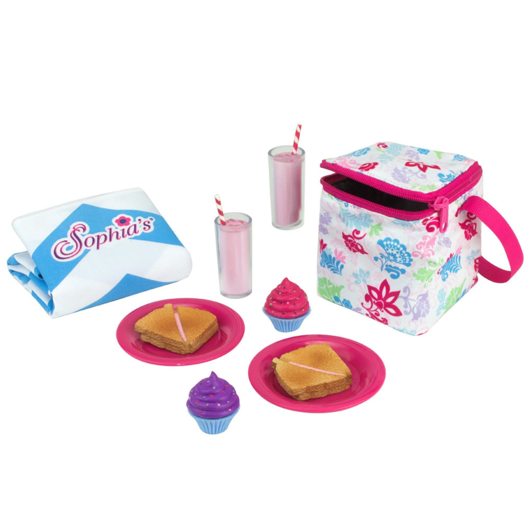 A Sophia's Picnic Lunch Set with Food and Cooler for 18" Dolls with drinks, cupcakes, sandwiches, and plates included.