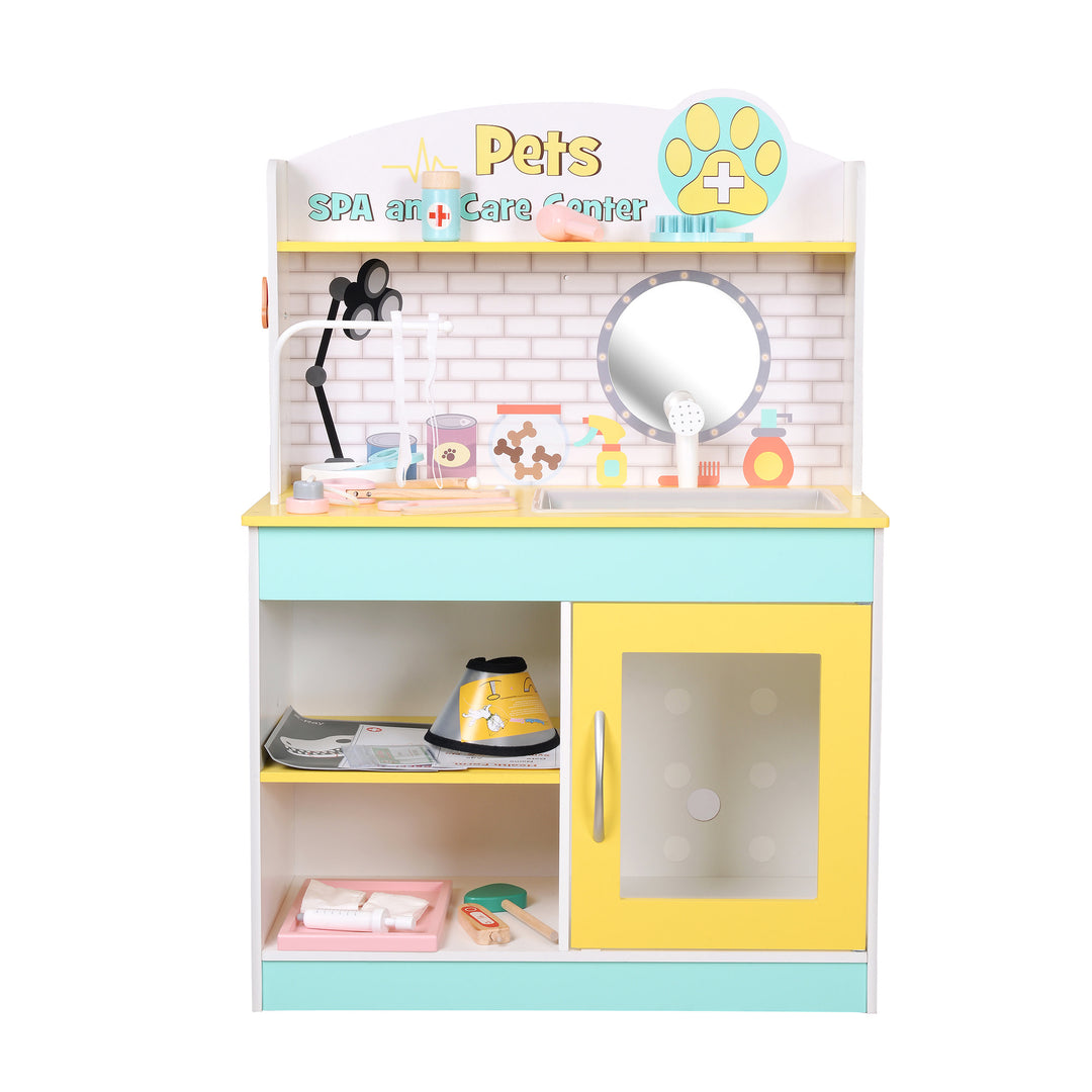 Teamson Kids Little Helper Wooden Pet Care and Veterinary Clinic Playset with accessories on the shelves.