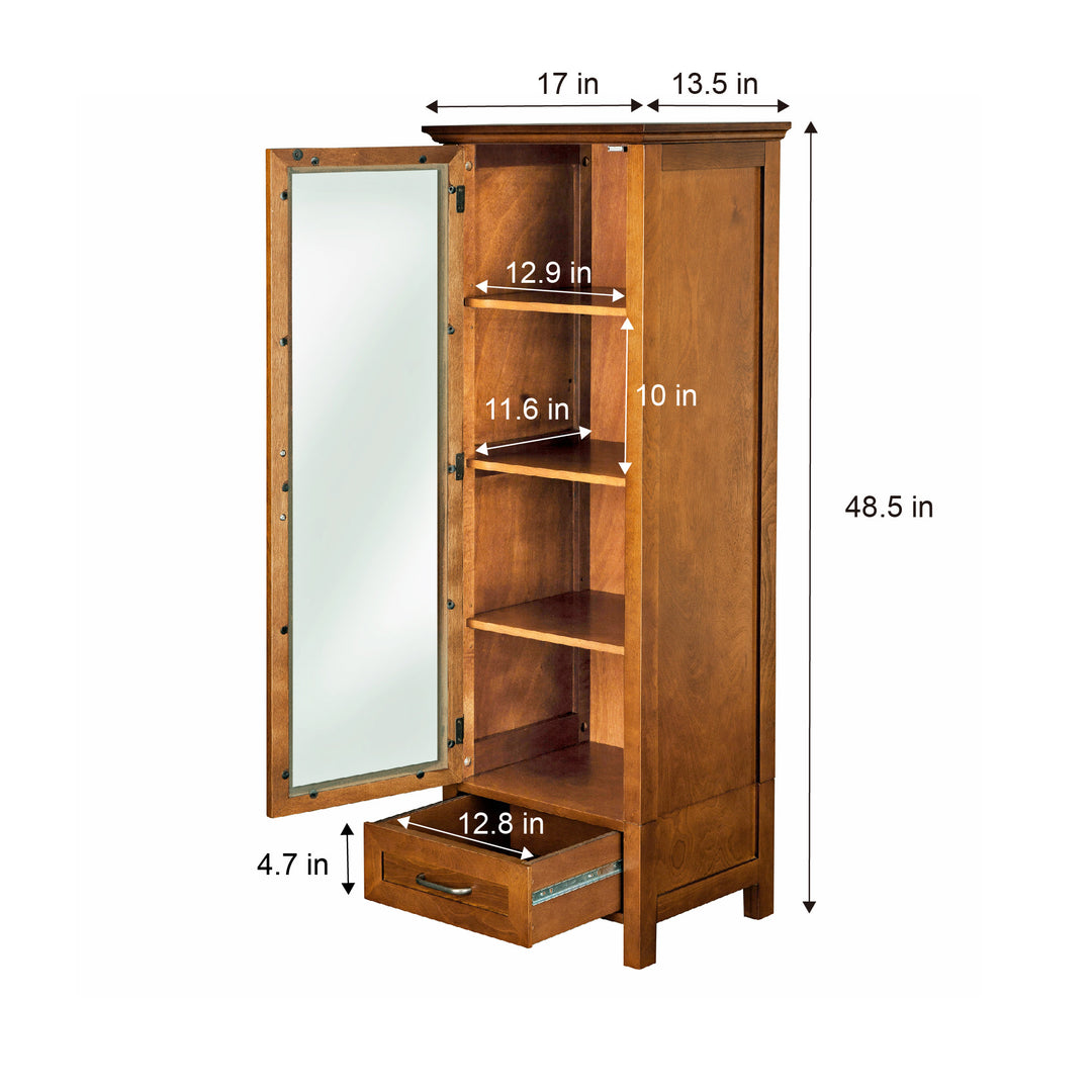 Teamson Home Avery Wooden Linen Tower Cabinet with Storage, Oiled Oak with measurements displayed, featuring an open door with a mirror on the back.