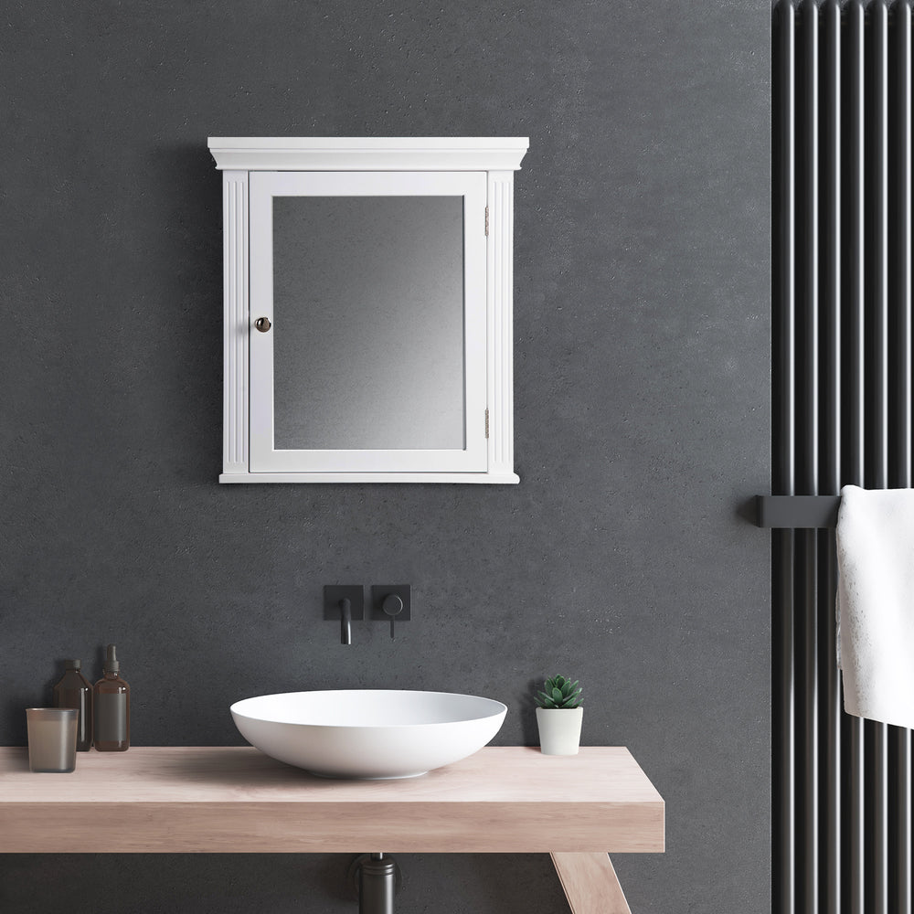 Modern bathroom interior with a white basin, wall-mounted faucet on a gray wall and a White Teamson Home Removable Mirrored Medicine Cabinet with Crown Molded Top