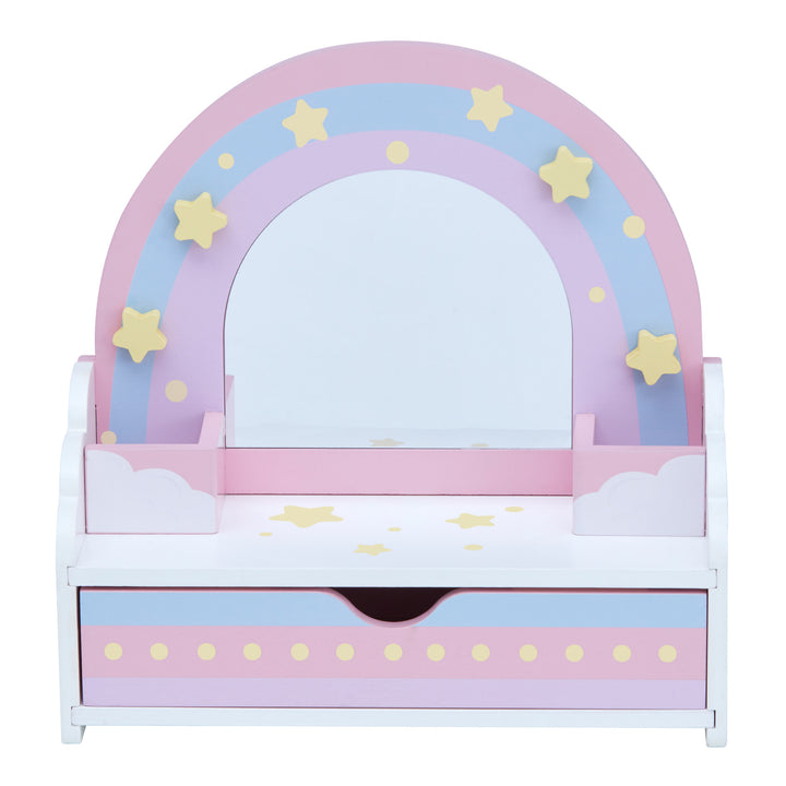 A Teamson Kids Little Dreamer Wooden Tabletop Vanity Set with 9 Play Accessories, Pink dresser with a mirror and stars.