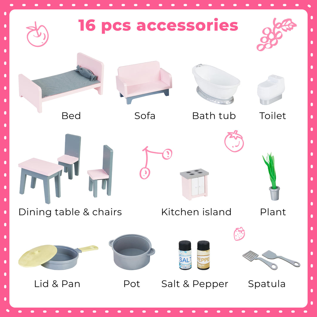 Collection of Teamson Kids Ariel 2-in-1 Double-Sided Play Kitchen with Accessories and Furnished Dollhouse for 12" Dolls, Pink pieces including bedroom, bathroom, dining, kitchen items, and a plant.