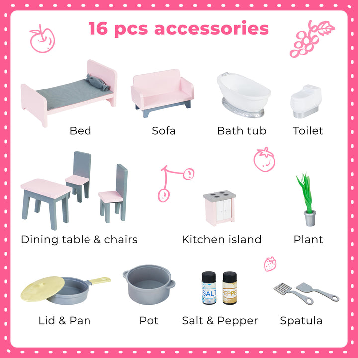 Collection of Teamson Kids Ariel 2-in-1 Double-Sided Play Kitchen with Accessories and Furnished Dollhouse for 12" Dolls, Pink pieces including bedroom, bathroom, dining, kitchen items, and a plant.