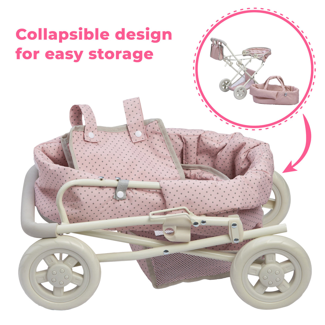 Caption, "Collapsible design for easy storage" next to the baby buggy collapsed, and a callout graphic of the buggy with the bassinet removed.