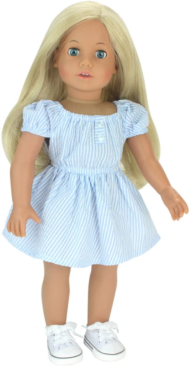 A blonde 18" doll in a seersucker dress and a pair of white canvas sneakers.