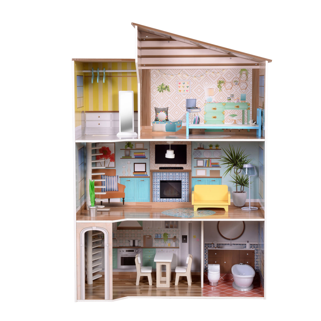 A view of a three-story dollhouse fully detailed with mid-century modern touches.