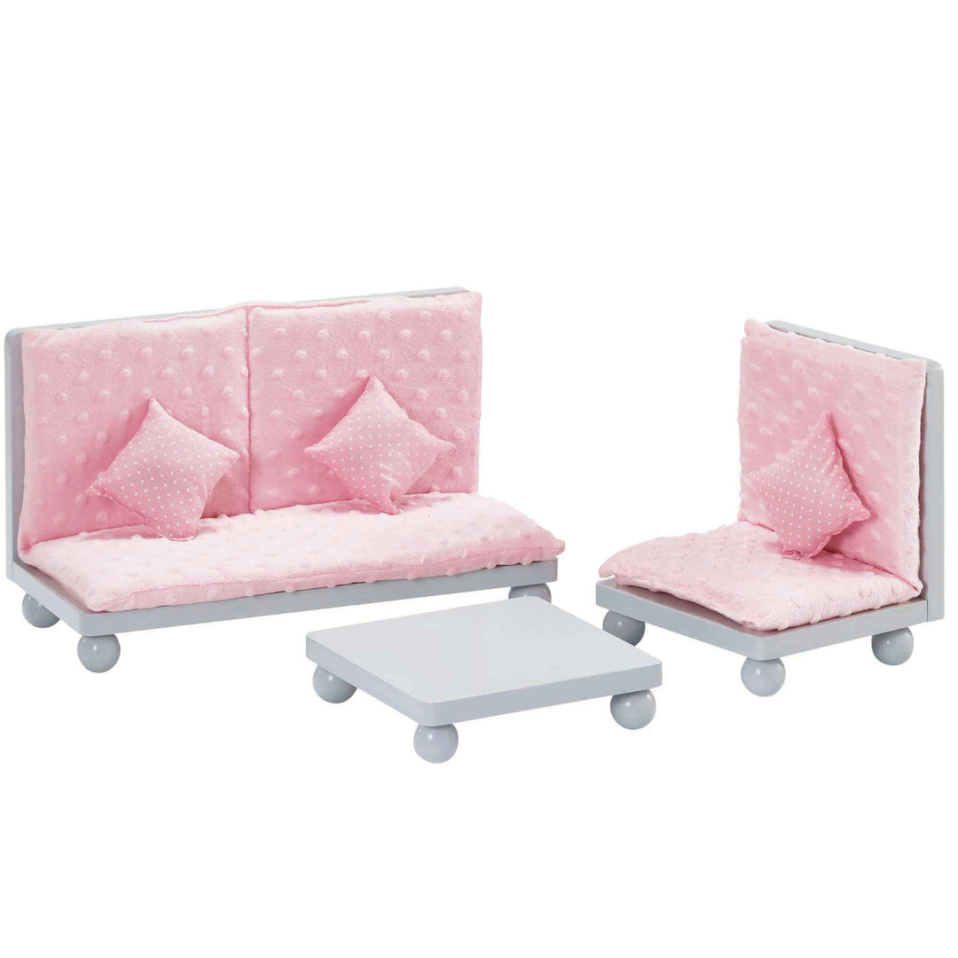A 3-piece seating set with pink cushions and pillows and gray finishes.