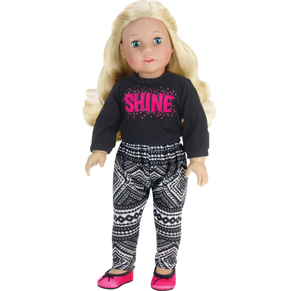 Sophia’s Bold Mix & Match Geometric Craft-Art Tribal Print Pants & Shine Graphic Sweatshirt for 18” Dolls, Black/Hot Pink