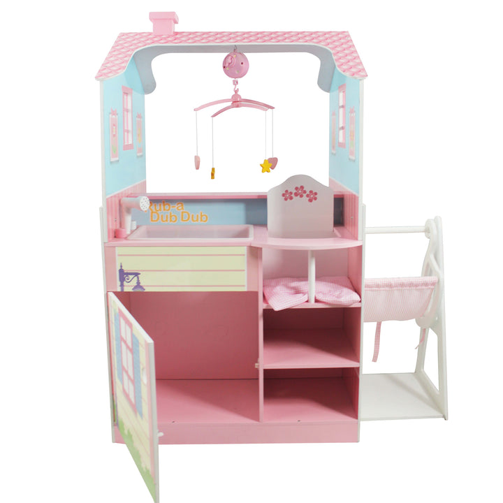 A baby doll changing station/dollhouse combination play set with a sink bathtub, storage cabinet with a door, storage shelves, and a baby high chair.