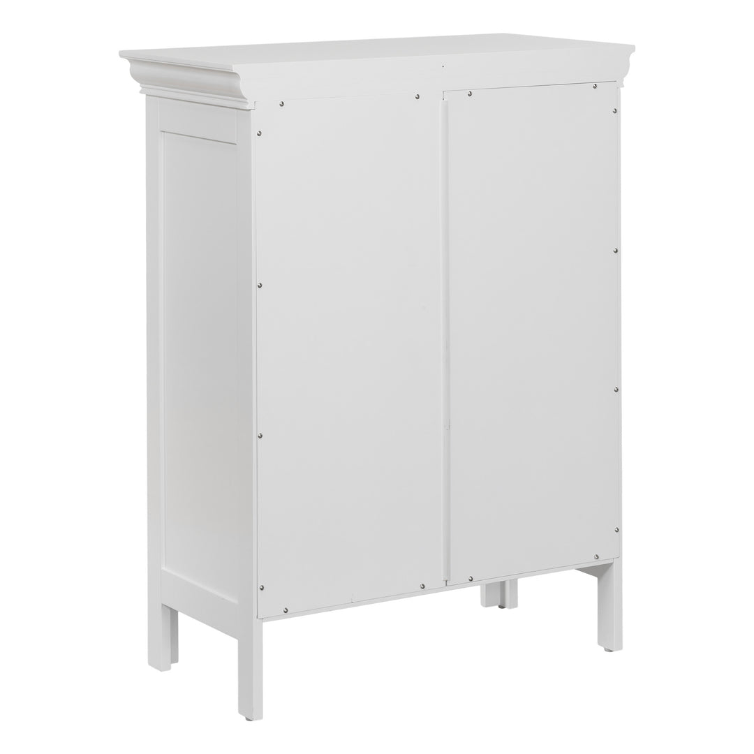 The back of the White Teamson Home Stratford Floor Cabinet with chrome knobs