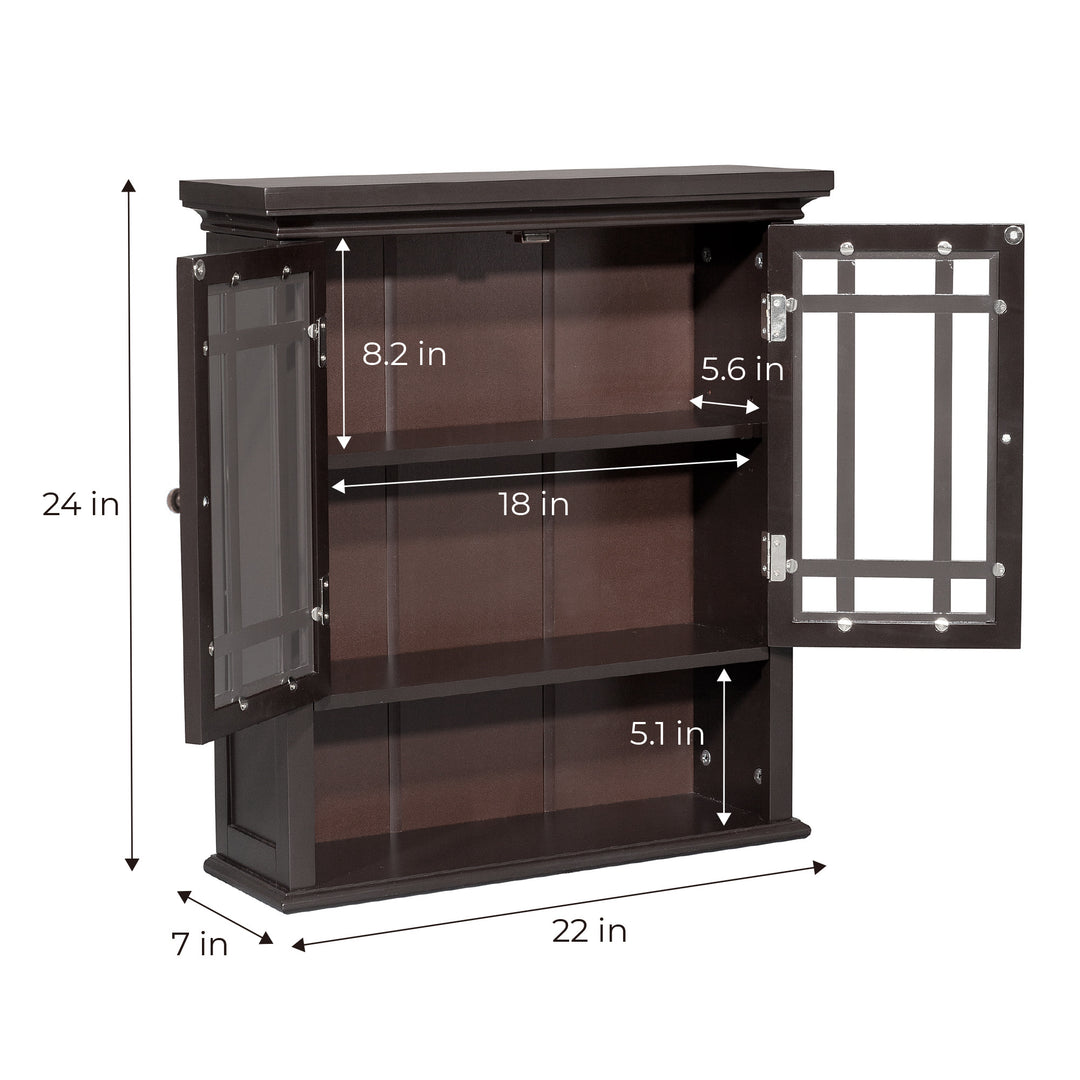 Teamson Home Dark Espresso Neal Removable Wall Cabinet with the doors open and dimensions in inches marked
