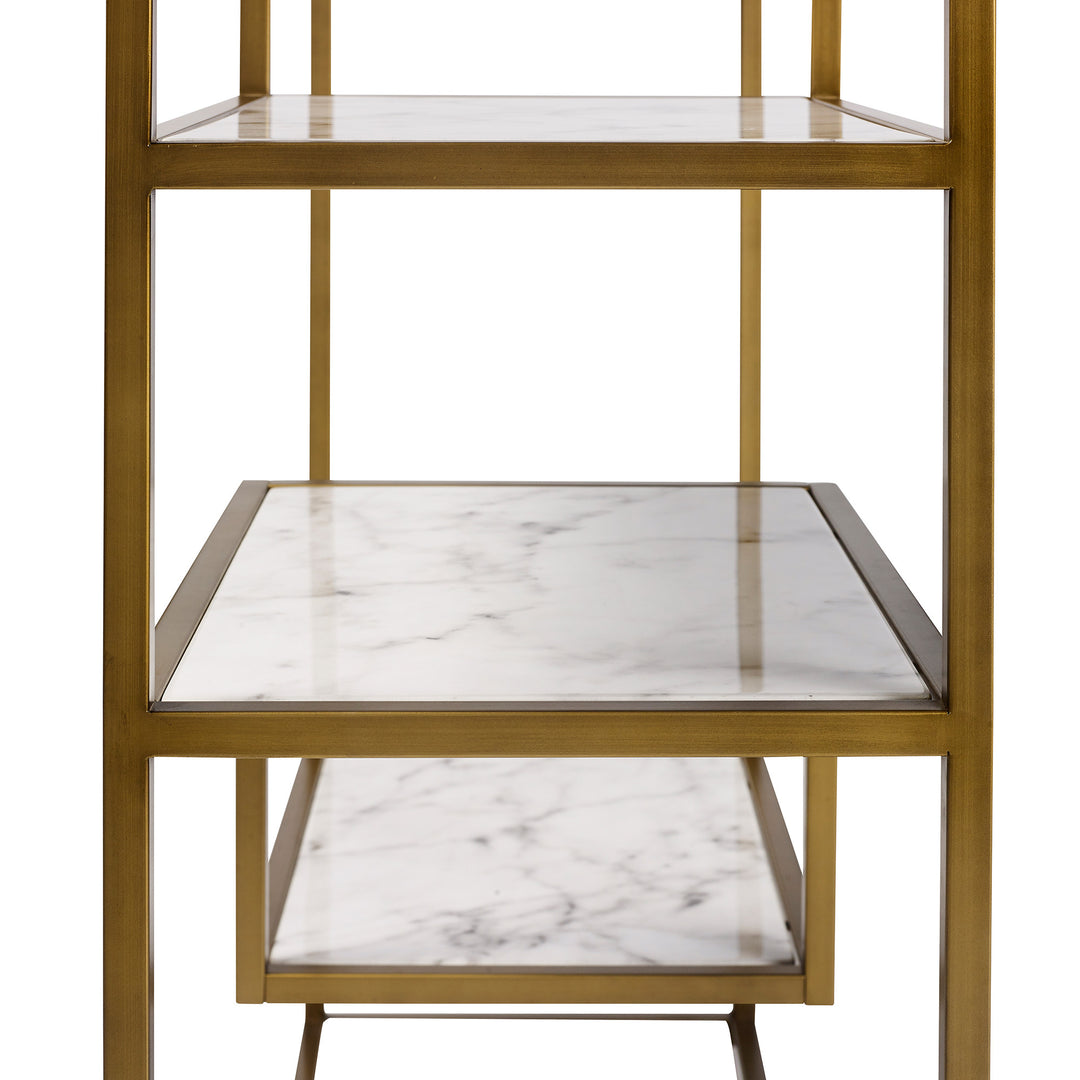 Close-up of the faux white marble surfaces in the gold-colored framework.