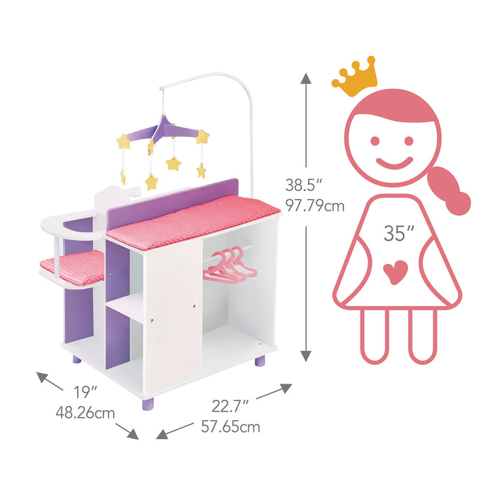 Dimensions in inches and centimeters of a baby doll changing station and a graphic of a child that is 35" tall.